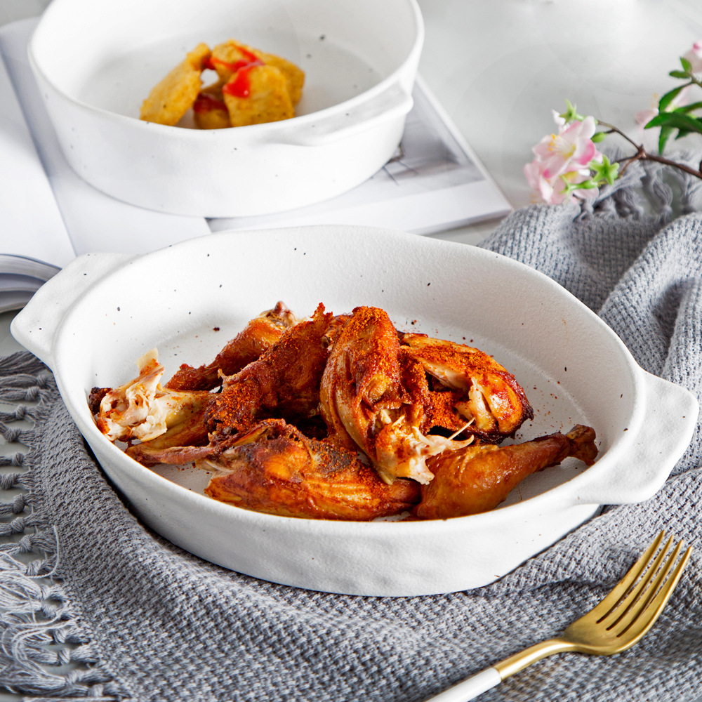 Vajilla de cerámica simple vajilla de color blanco oscuro plato de forma especial disco de doble oreja tazón de pudín restaurante utensilios para el hogar