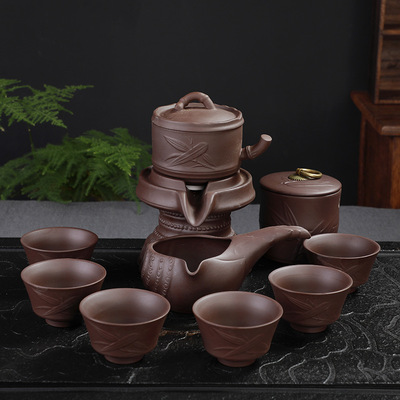 紫砂半全自动茶具套装 家用石磨懒人功夫茶具茶杯茶叶罐竹韵简约|ms