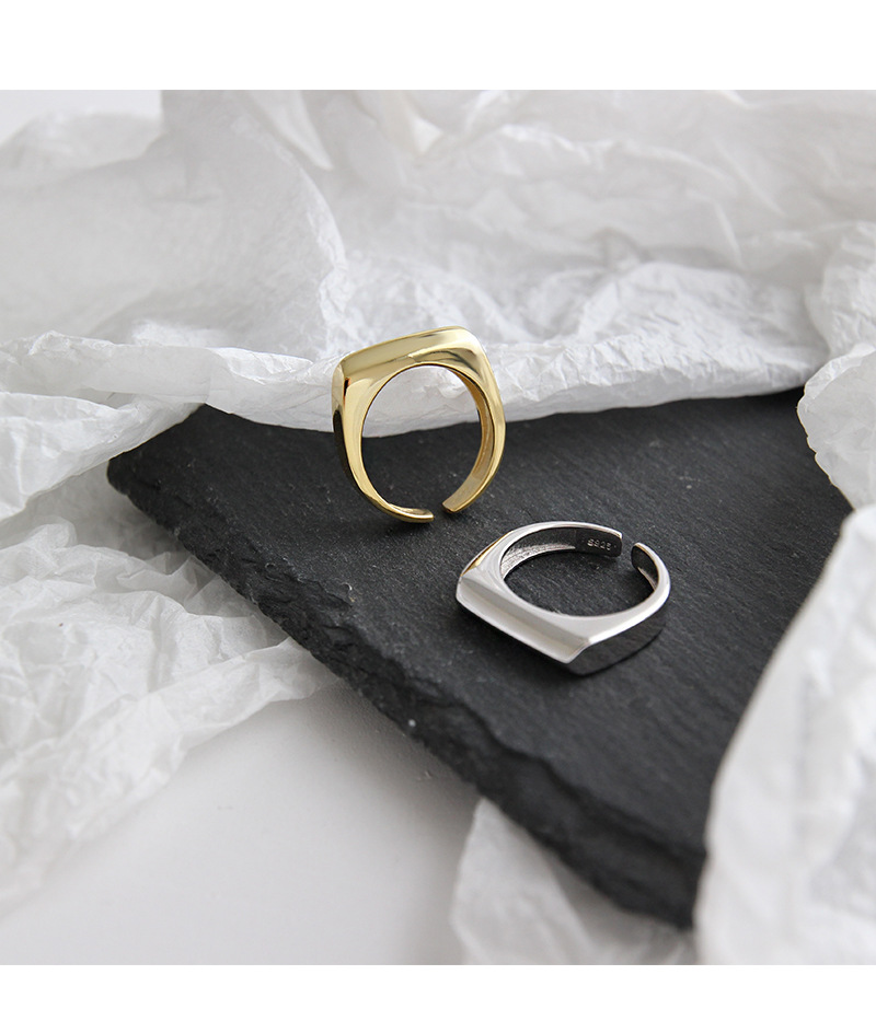 Korean S925 Sterling Silver Ring INS Minimalist Geometric Rectangle Glossy Open Female Ring Silver R