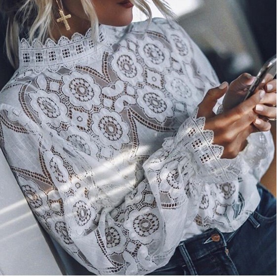 2019 Women Lace Crochet Flower Shirt Shirt Top Women Cotton Casual Loose Long Sleeve