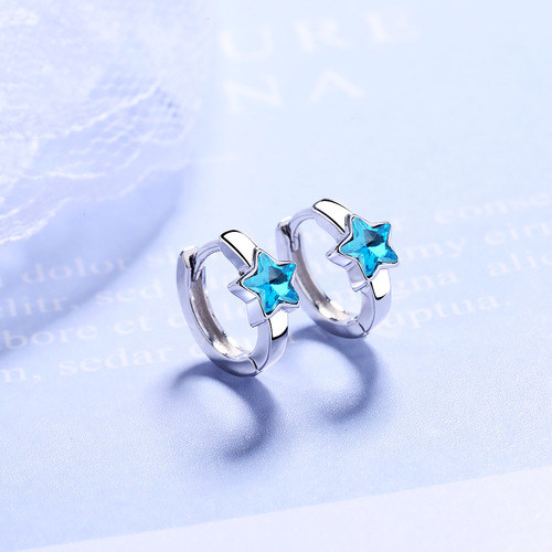 Blue five-pointed star earrings, personalized small artificial crystal earrings, niche cold style earrings, earrings, copper Korean version