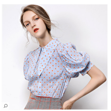 2020小清新衬衫女夏季复古淑女泡泡袖小领结短袖雪纺衫小衫夏