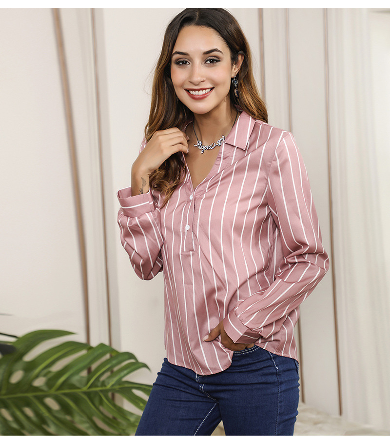 long-sleeved V-neck pink striped shirt nihaostyles clothing wholesale NSWCJ85264