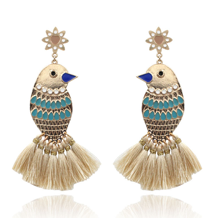 跨境专供欧美创意新款滴油流苏耳环时尚潮人动物小鸟造形耳饰长款