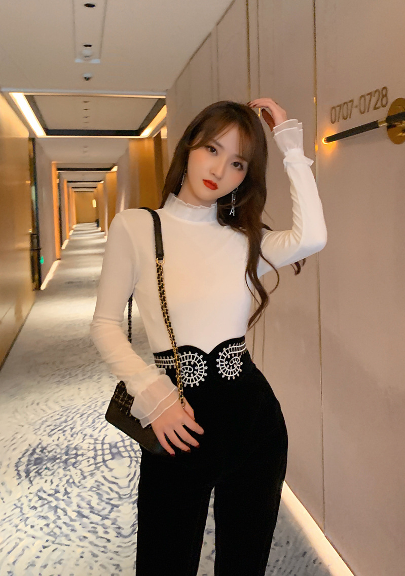 Quần nhung nữ cạp cao họa tiết thêu ống skinny — Màu đen chi tiết 6