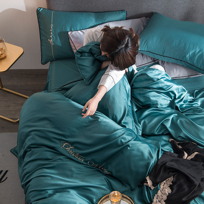 水洗真絲四件套 純色刺繡歐式簡約床上用品雙人1.8m床單被套刺繡