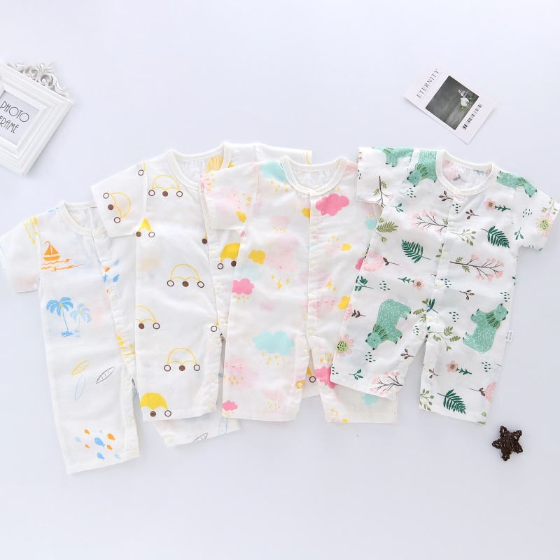 2020婴幼儿童男女宝宝双层纱布棉短袖开档连体哈衣爬服夏季新款