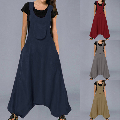 2019 lady Easy Haren Cotton and hemp Solid pocket Sleeveless camisole Jumpsuits