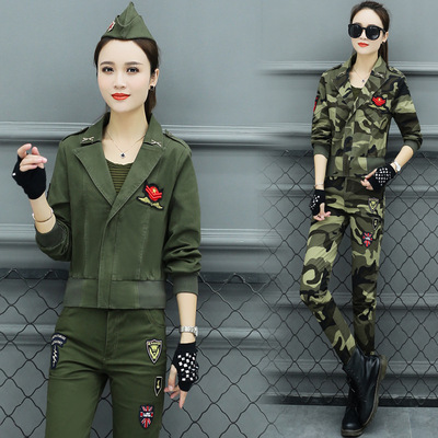 纯棉迷彩服套装女两件套修身显瘦表演服军绿色水洗广场舞水兵舞蹈|ru