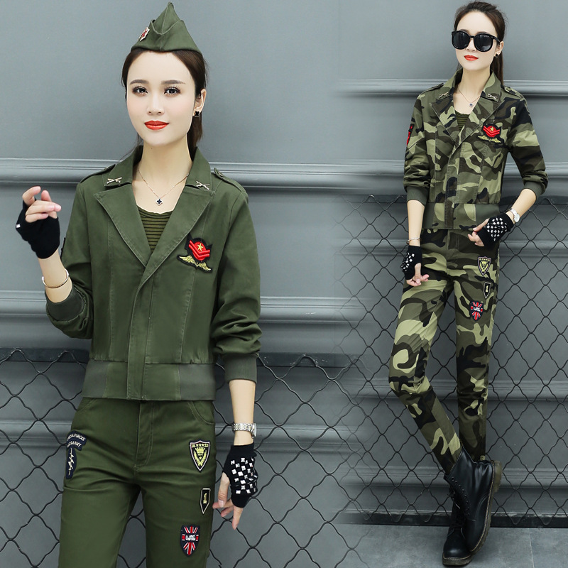 纯棉迷彩服套装女两件套修身显瘦表演服军绿色水洗广场舞水兵舞蹈|ru