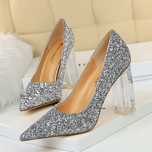 European and American fashion transparent crystal heel thick heel high heel shallow pointed sexy nightclub shinin