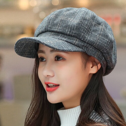 Beret women's autumn and winter British painter's hat men's Korean peaked cap women's Korean style versatile Japanese plaid octagonal hat