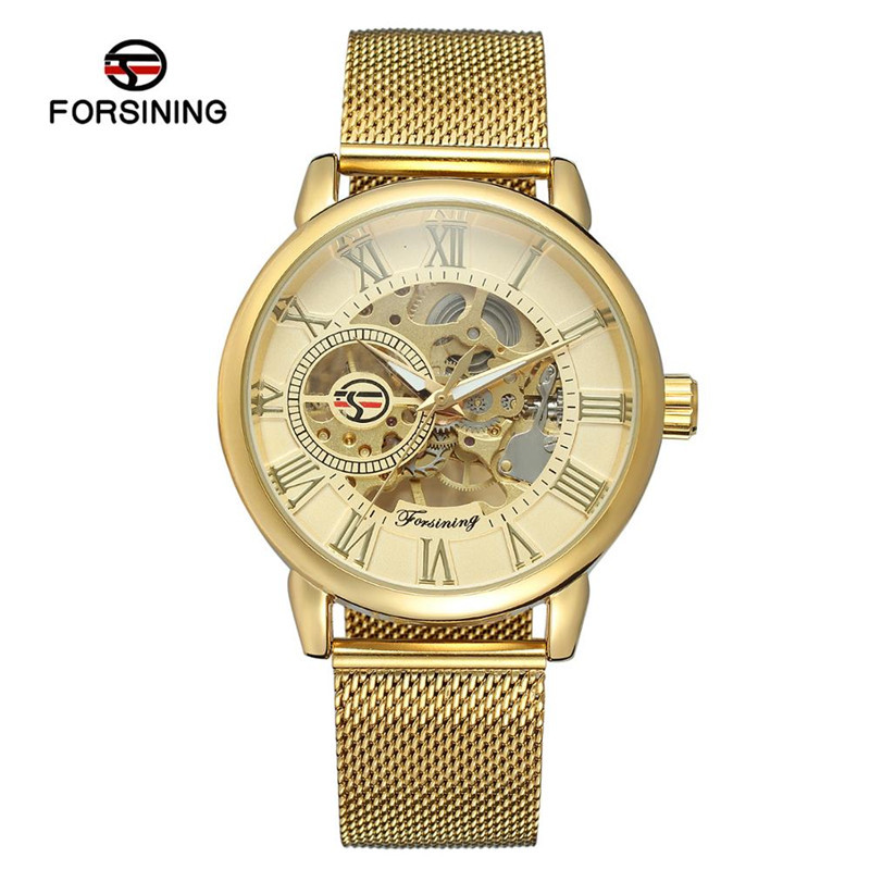 FORSINING/fusini hombres de acero inoxidable de negocios semiautomático reloj mecánico manual primavera A099