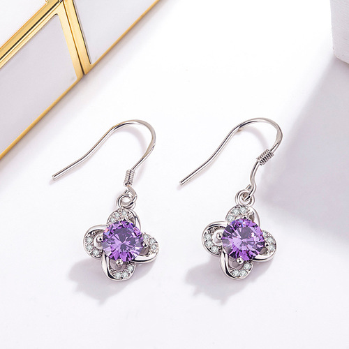 Korean version of purple diamond four-leaf clover long earrings for women with diamonds and zircons long ear hooks personalized student earrings simple jewelry