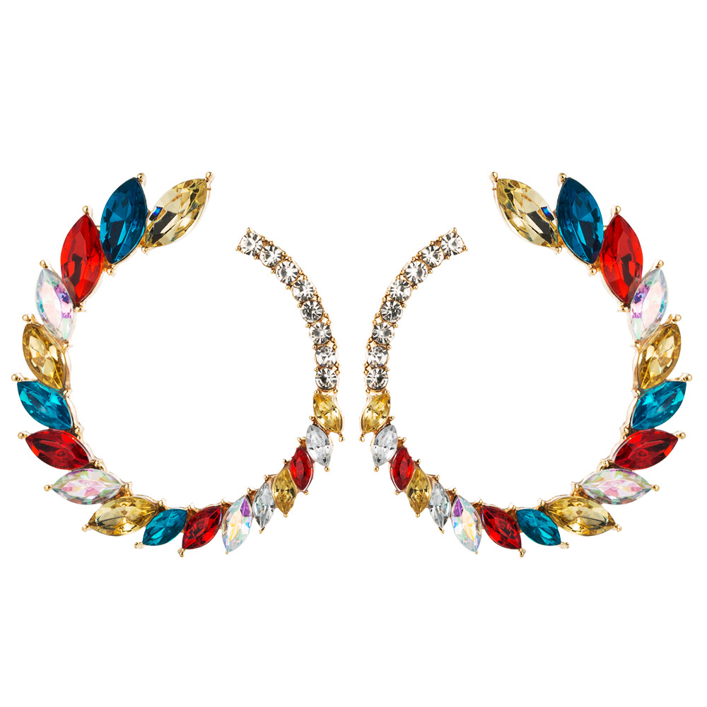 Europe And The United States Selling Retro Inlaid Colorful Rhinestone Earrings Female Exaggerated Large Circle Earrings Set Luxury Super Flash C-shaped Stud Earrings display picture 15