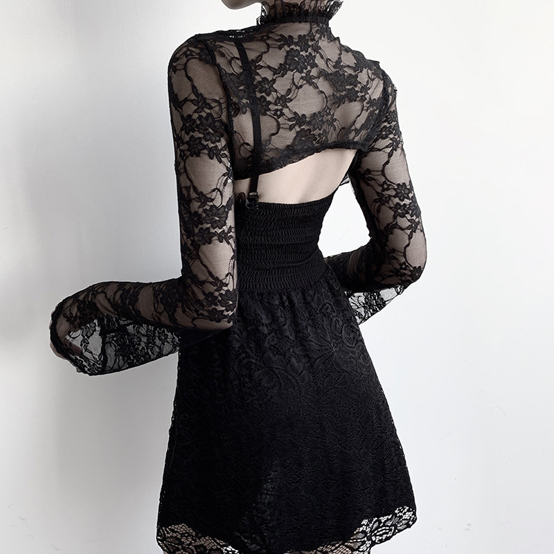 Black Trumpet Sleeve Stand-Up Collar Smock & V-Inner Tight Long-Sleeved See-Through Lace Dress NSGYB97741