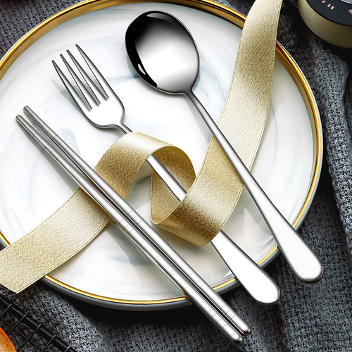 Korean cute portable stainless steel tableware set with chopsticks, spoon, and fork, three-piece set, student travel chopstick spoon case