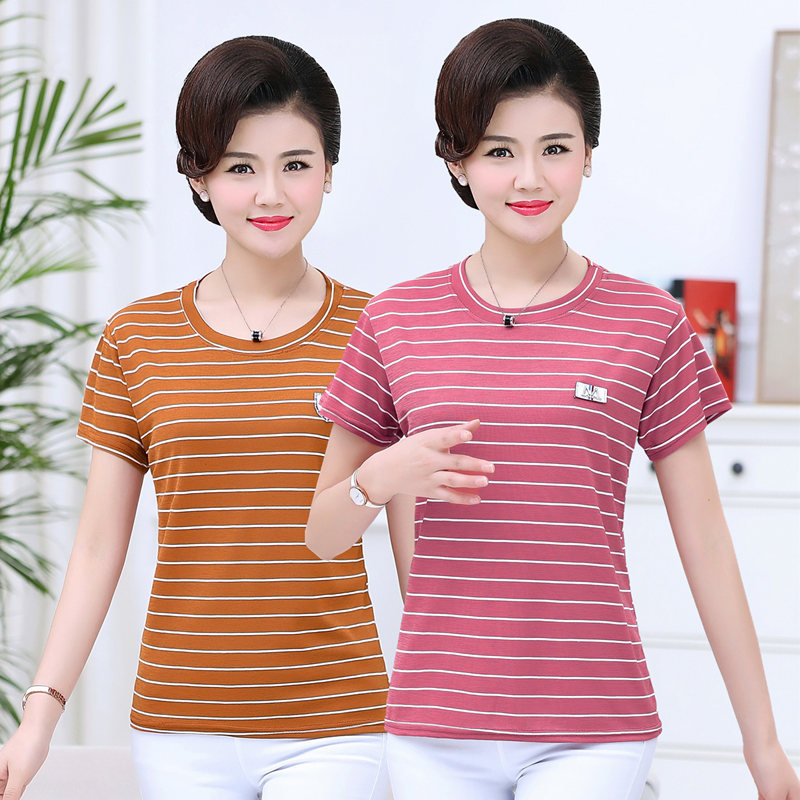 Colored stripes Short sleeved T-shirt Korean Edition Middle and old age Mom outfit Large Easy leisure time Versatile Primer jacket