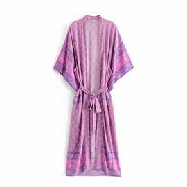 欧美外贸女装山羊头定位印花系带和服外套  8520