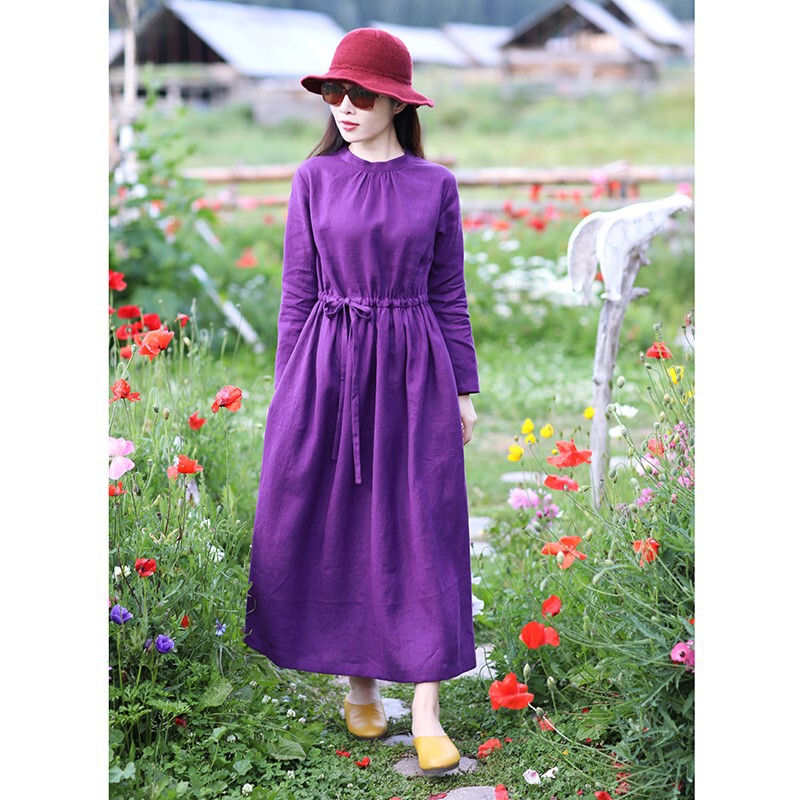 Emblem/original 2020 Spring New Travel art linen stand collar dress robe