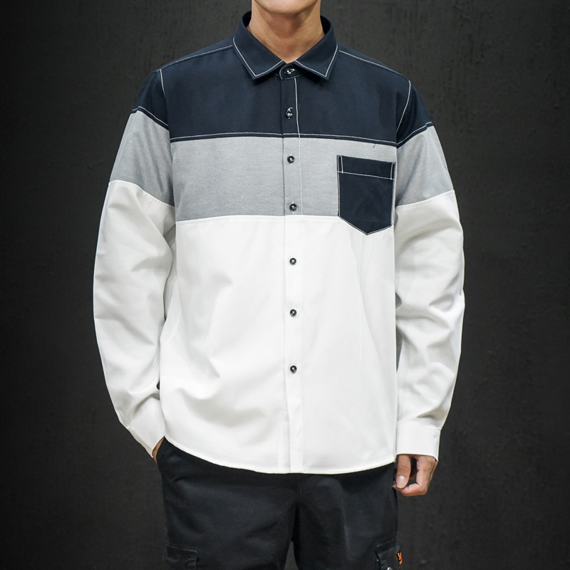 Foreign Trade Spring New Men's Shirt Stitching Casual Long-sleeved Men's Slim-fit Pointed Collar Large Size Shirt