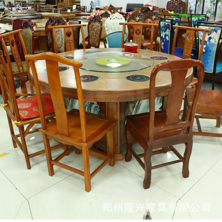 新中式歐式電動餐桌火鍋桌圓形功能餐桌酒店餐館餐椅飯堂餐桌訂制