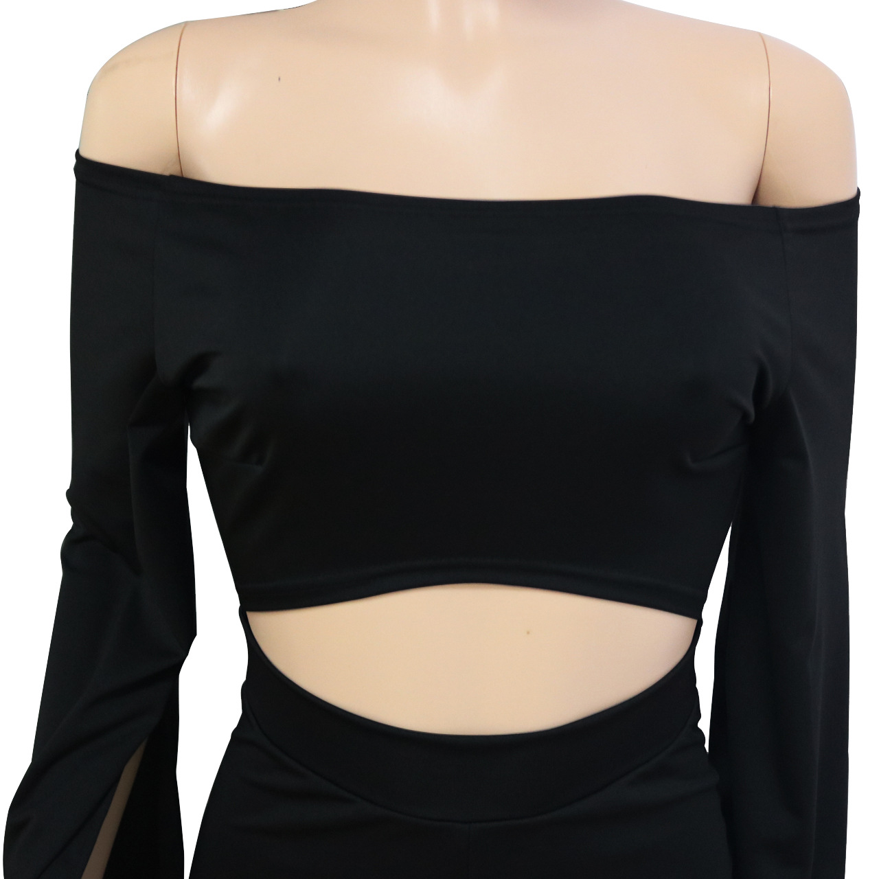 Boutique Casual Solid Color Long Sleeves Cropped off Shoulder Jumpsuit