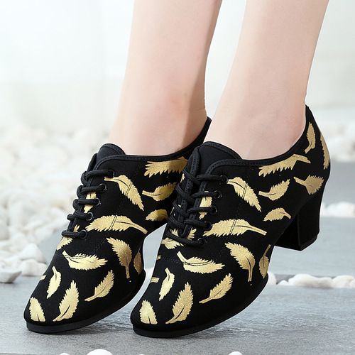 Black with gold leaves latin ballroom dance shoes for women girls comfortable breathable wear non-slip soles with waltz tango Latin dancing shoes
