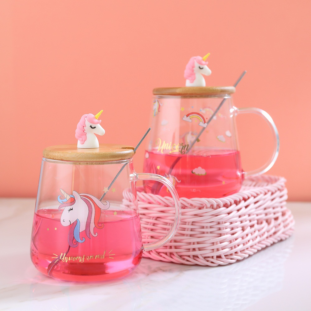 Unicornio personalizado taza transparente con tapa cuchara regalo creativo Oficina lindo beber