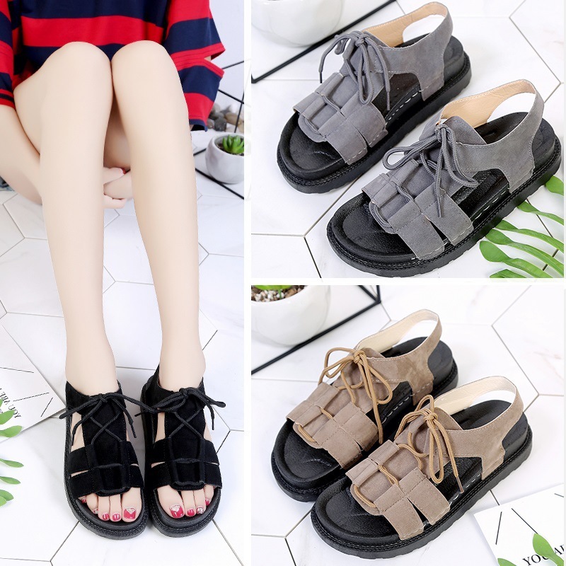 外贸凉鞋女2019夏时尚韩版系带休闲女鞋学生平底露趾大码凉鞋代发|ms