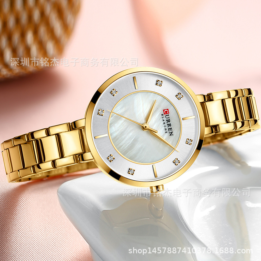 カーレン9051カジュアルレディーススチールベルト腕时计シンプルなファッションレディース防水クォーツ时计レディース时计