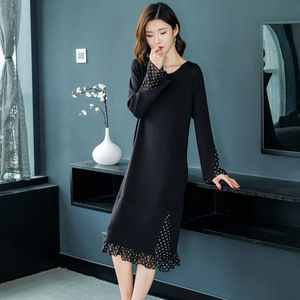 Korean loose medium length ice silk A-line skirt with thin Ruffle knitted dress