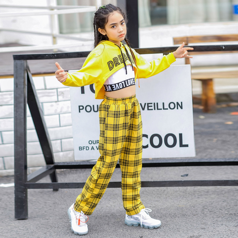Yellow plaid hiphop costumes for girls street jazz dance wear hip-hop dance  suit girl hip-hop clothing for kids