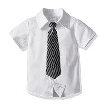2024跨境男童纯棉衬衣 中小儿童宝宝短袖衬衫+领带 一件代发