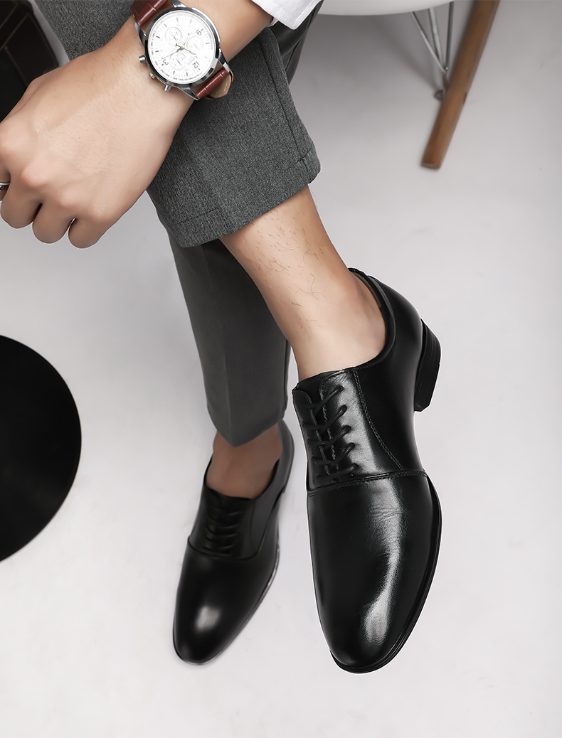 Men's Shoes Large Size Solid Color Elegant Men's Pointed Formal Wear Small White Leather Shoes Lace-up Single Shoes_vogvips.com