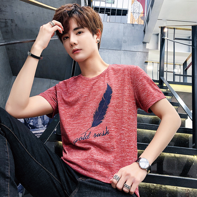 2019春夏新款短袖T恤青少年韩版修身青少年半袖羽毛男士休闲体恤