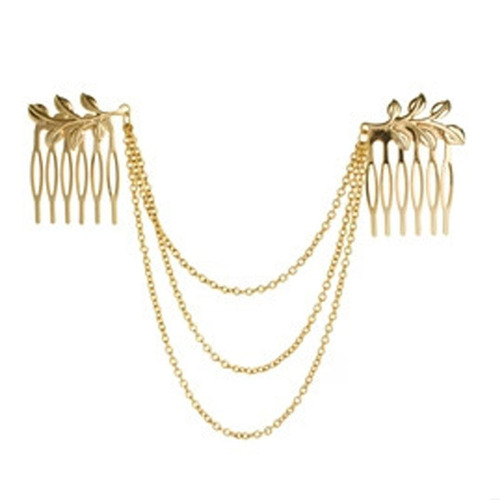 Fashionable and simple forest style literary style leaf hairpin multi-layered pearl tassel leaf hair comb hair accessories double plug comb headband