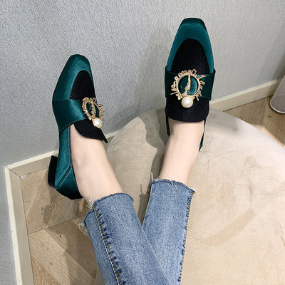 复古乐福鞋女一脚蹬懒人方头踩跟单鞋金属扣珍珠沙丁布绸缎墨绿色