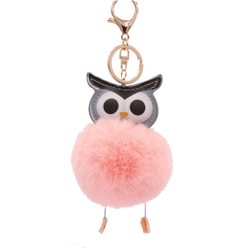 Cute owl fur ball keychain PU leather cartoon plush doll pendant bag car pendant gift