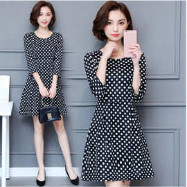 欧洲站2021新款时尚七分袖黑白波点雪纺连衣裙修身A字裙子潮