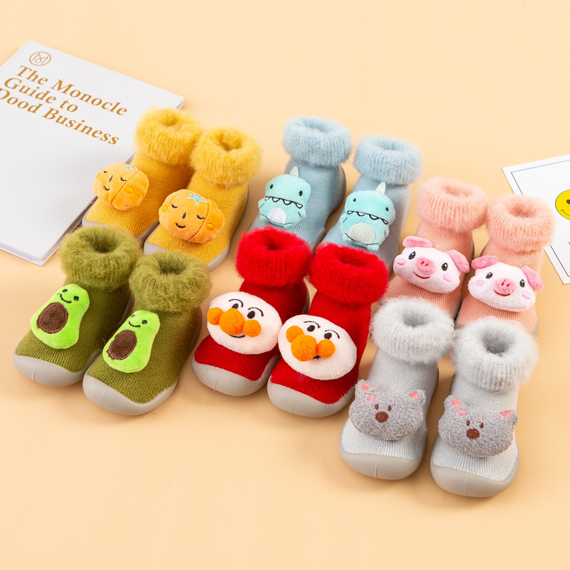 Children's Floor Shoes Non-slip Thick Bottom Floor Socks Baby Soft Rubber Bottom Fleece-lined High-level Toddler Shoes Socks Thickened Autumn and Winter