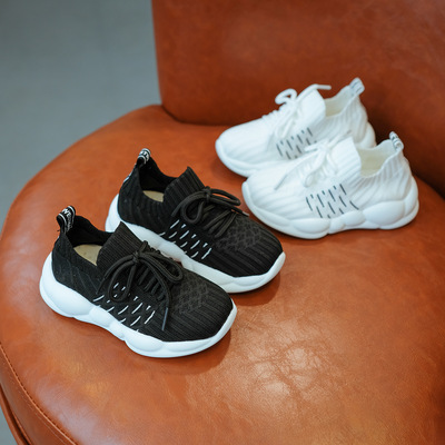 2019新款儿童飞织鞋男童套脚黑白色舒适跑步运动鞋女童透气休闲鞋