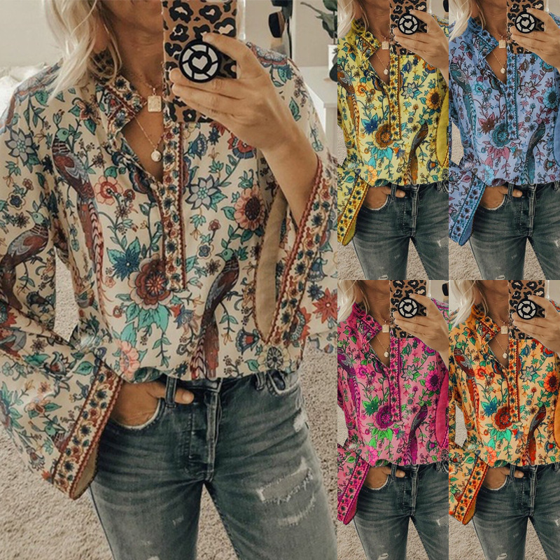 Spot Autumn New Amazon eBay European and American Trendy Printed Loose Shirt Button Long Sleeve Shirt OM9070