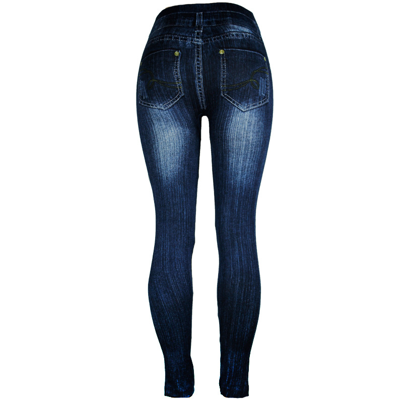 Dam leggings denim look hög midja bomull med prickar byxor_voghion.com