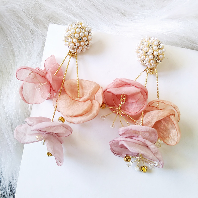 1 Pair Fashion Flower Cloth Handmade Rhinestones Women's Drop Earrings display picture 8