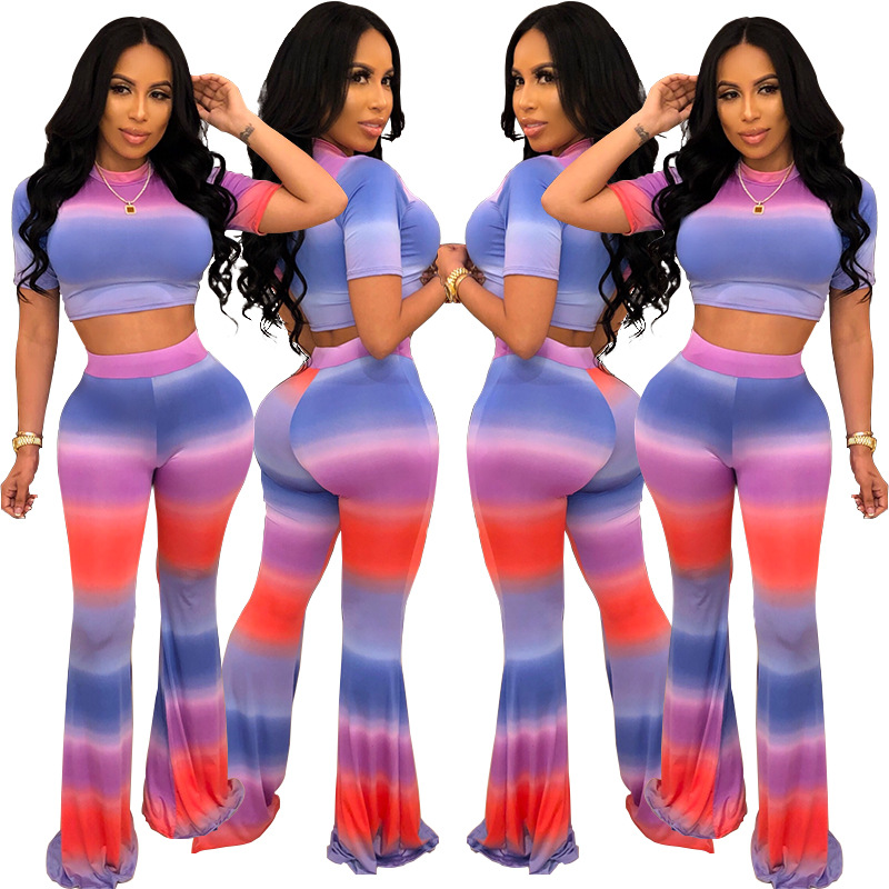 Gradient Color T-Shirt & Flared Pants 2 Piece Set NSXYZ101582