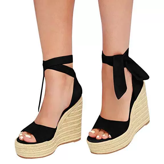 Сандалии наankle-strap из соломы на танкетке, верх PU, каблук 10 см, размеры EU 34–43, плюс-сайз