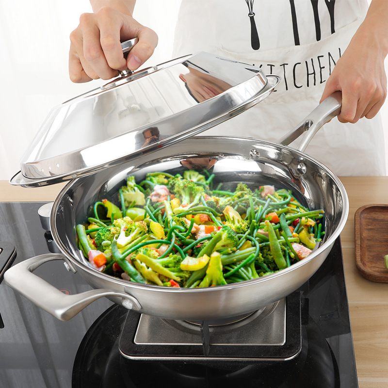 304不锈钢炒锅球面型不粘锅无油烟蜂窝无涂层炒锅燃气电磁炉通用