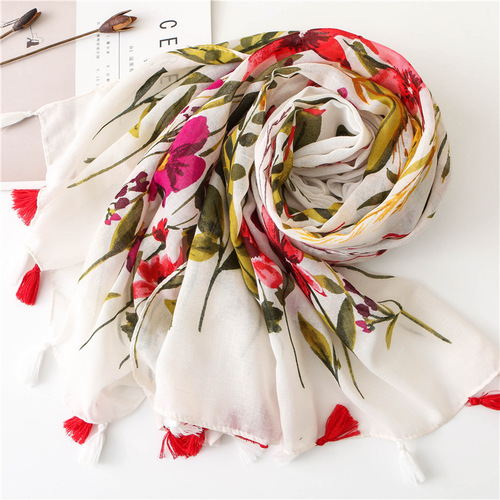 Foreign trade export original order retro floral cotton and linen tassel scarf enlarged silk scarf shawl women's ethnic style Japanese style beach