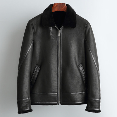 海宁皮毛一体男真皮真毛皮夹克韩版绵羊皮羊剪绒翻领短款皮草外套|ru